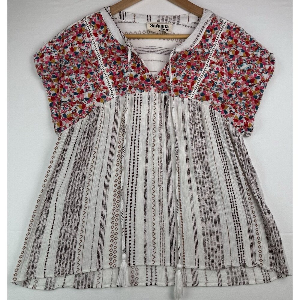 Savanna Jane Short Sleeve Embroidered Floral Tassel Babydoll Top Boho Sz M